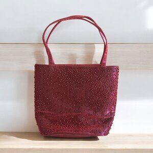 BLOOMINGDALES Vintage Beaded Raspberry Cocktail Bag with Mirror